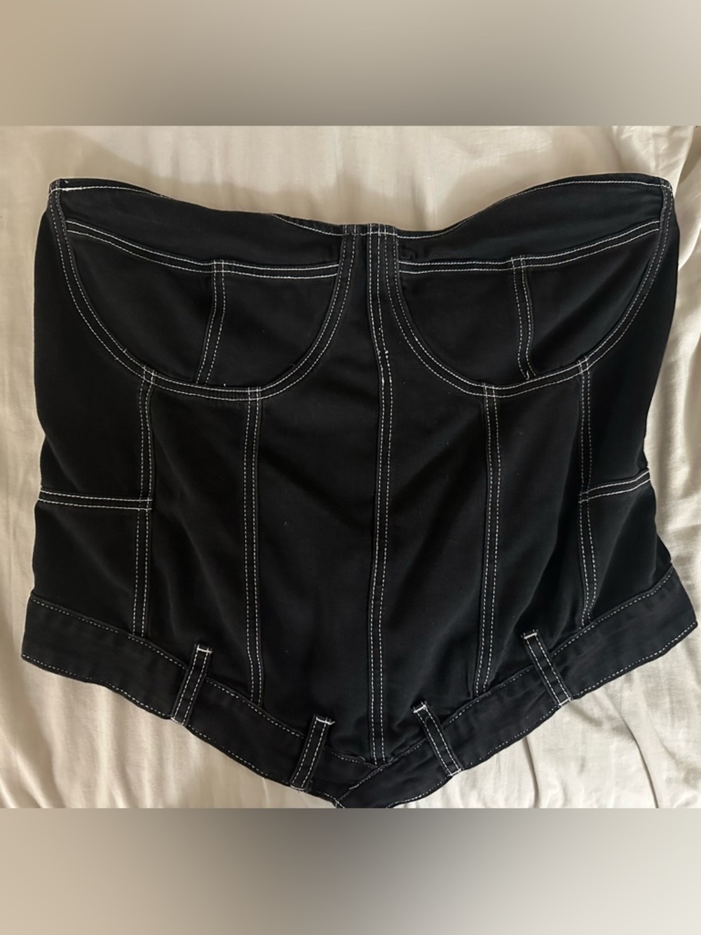 Fashion Nova Dark Denim Bustier Corset Top with White Stitching - High Stretch